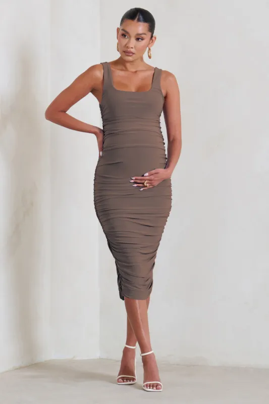 Lisbon | Mocha Maternity Square Neck Ruched Midi Dress sold by Club L London