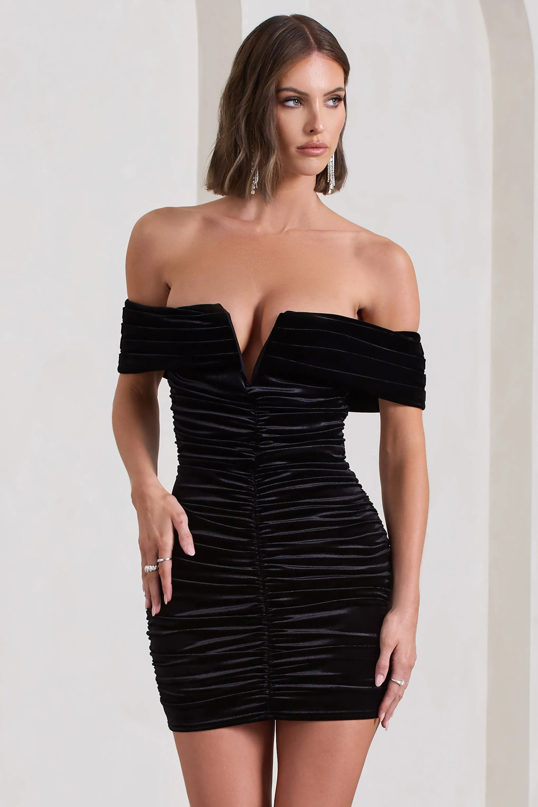 Little Glint | Black Velvet Ruched Bardot V-Neck Mini Dress sold by Club L London product image thumbnail 5