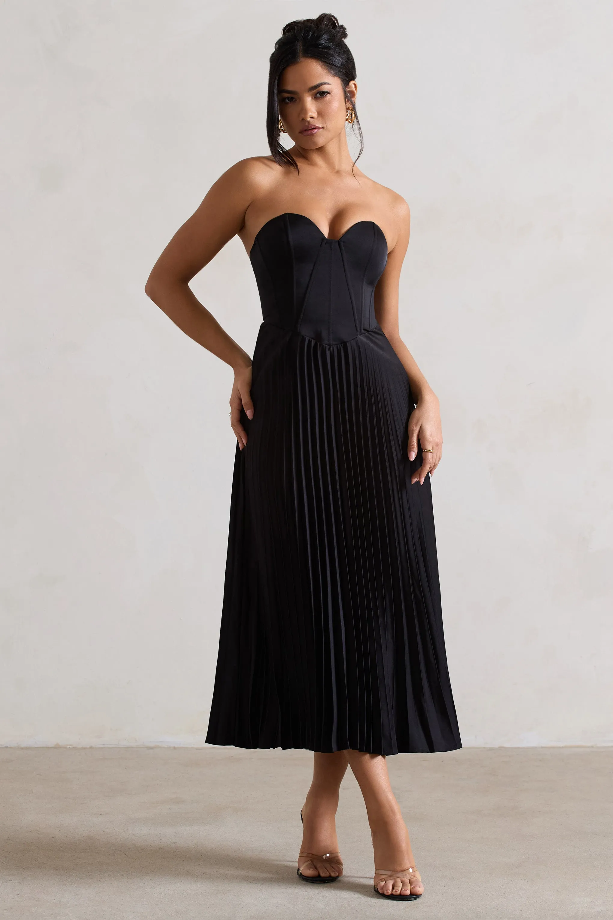 Bordeaux | Black Satin Corset Style Midi Dress sold by Club L London product image thumbnail 5