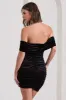 Little Glint | Black Velvet Ruched Bardot V-Neck Mini Dress sold by Club L London