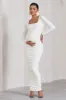 Prissie | White Ruched Square-Neck Long-Sleeve Maternity Maxi Dress sold by Club L London