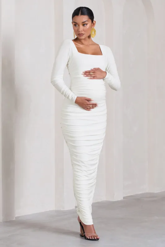 Prissie | White Ruched Square-Neck Long-Sleeve Maternity Maxi Dress sold by Club L London