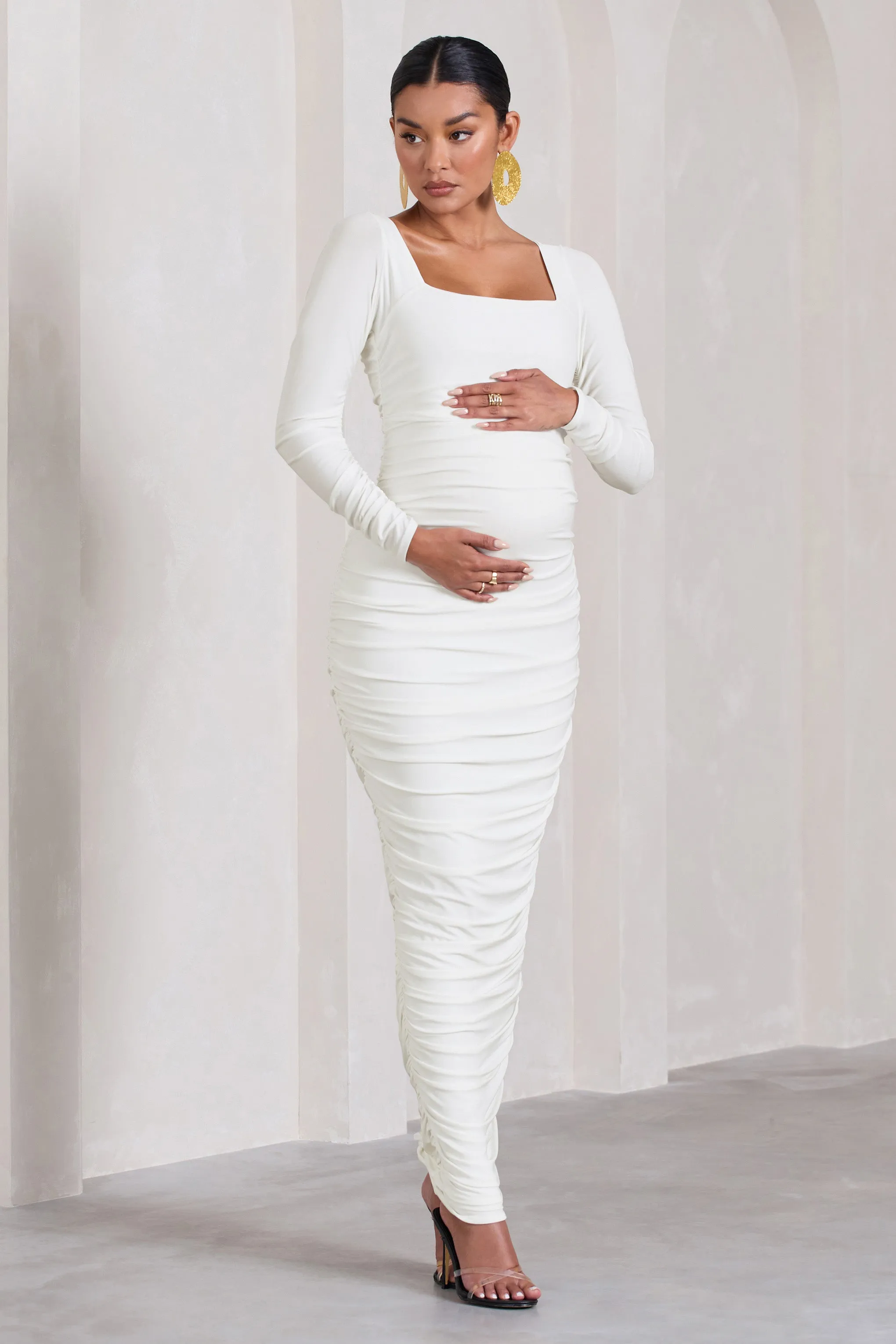 Prissie | White Ruched Square-Neck Long-Sleeve Maternity Maxi Dress sold by Club L London