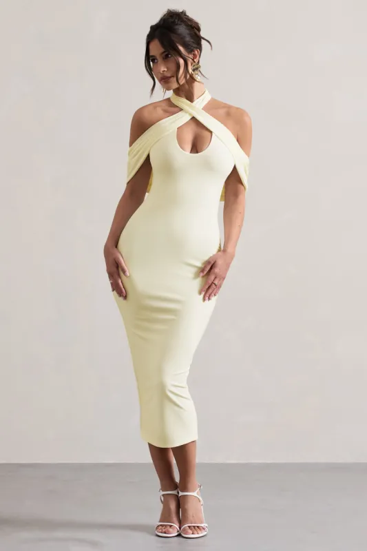 Connect | Cream Bodycon Halter-Neck Midi Dress With Cut-Out sold by Club L London