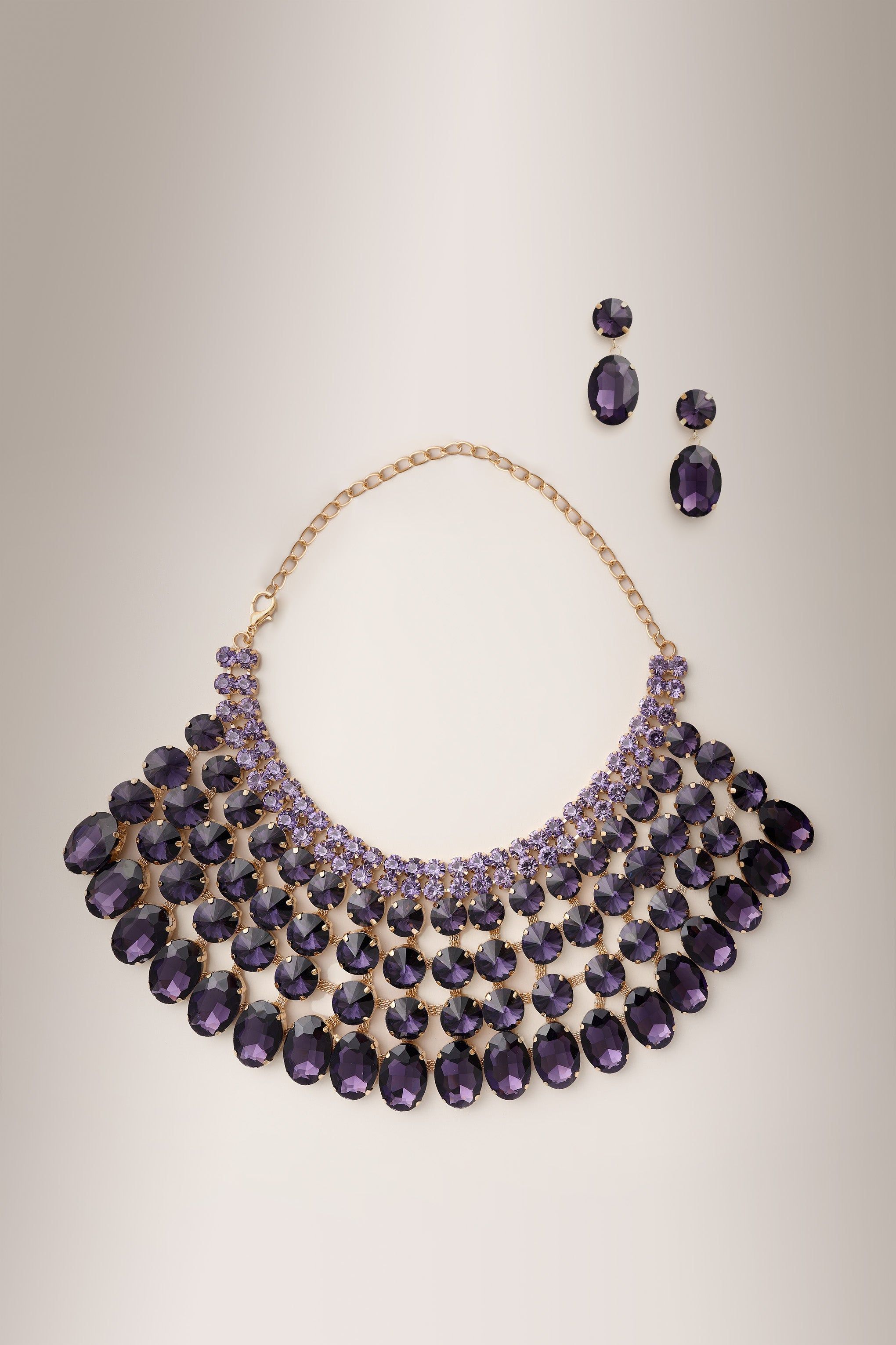 Blake | Purple Jewelled Statement Necklace with Matching Drop Earrings sold by Club L London