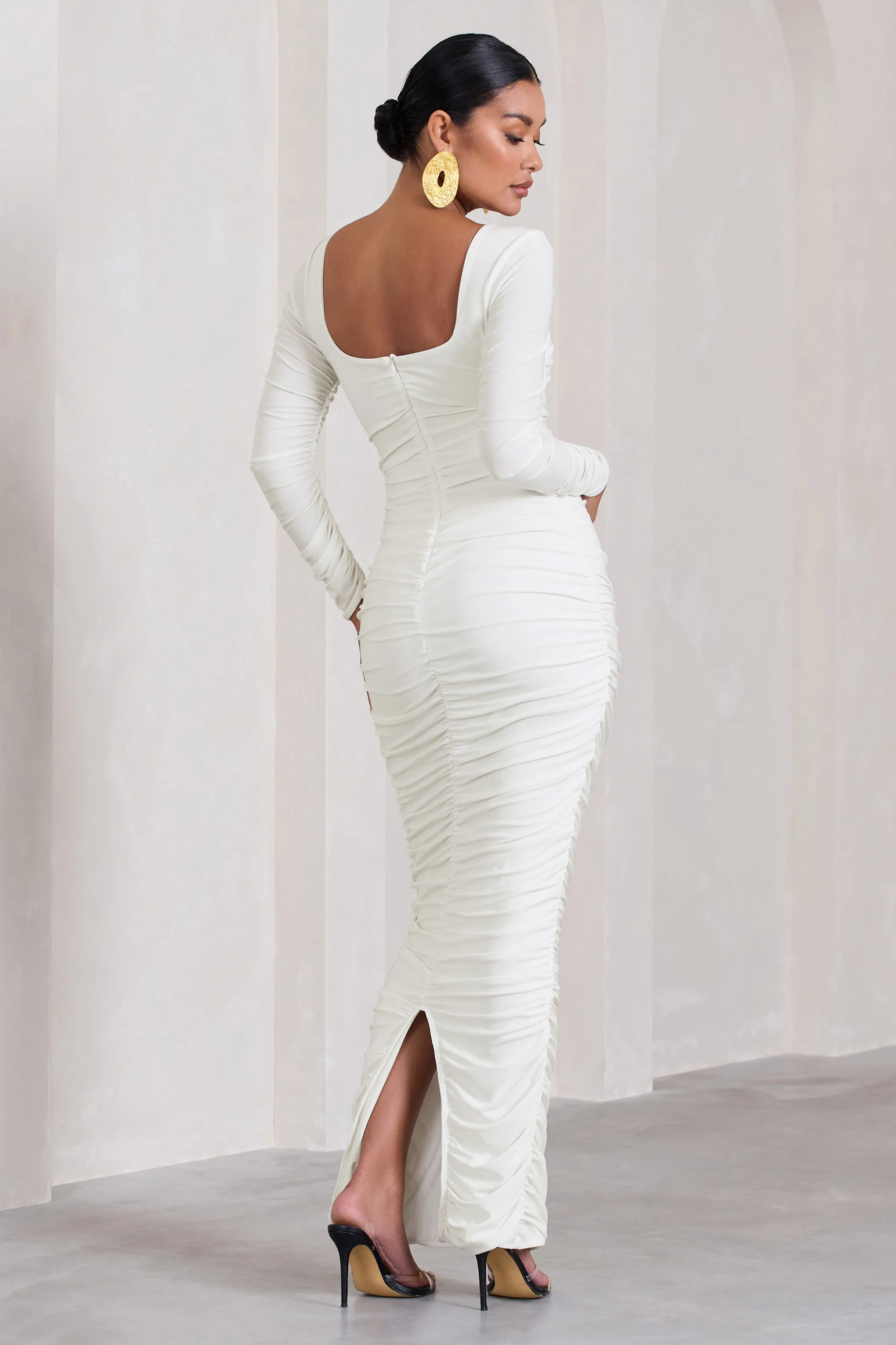 Prissie | White Ruched Square-Neck Long-Sleeve Maternity Maxi Dress sold by Club L London product image thumbnail 2