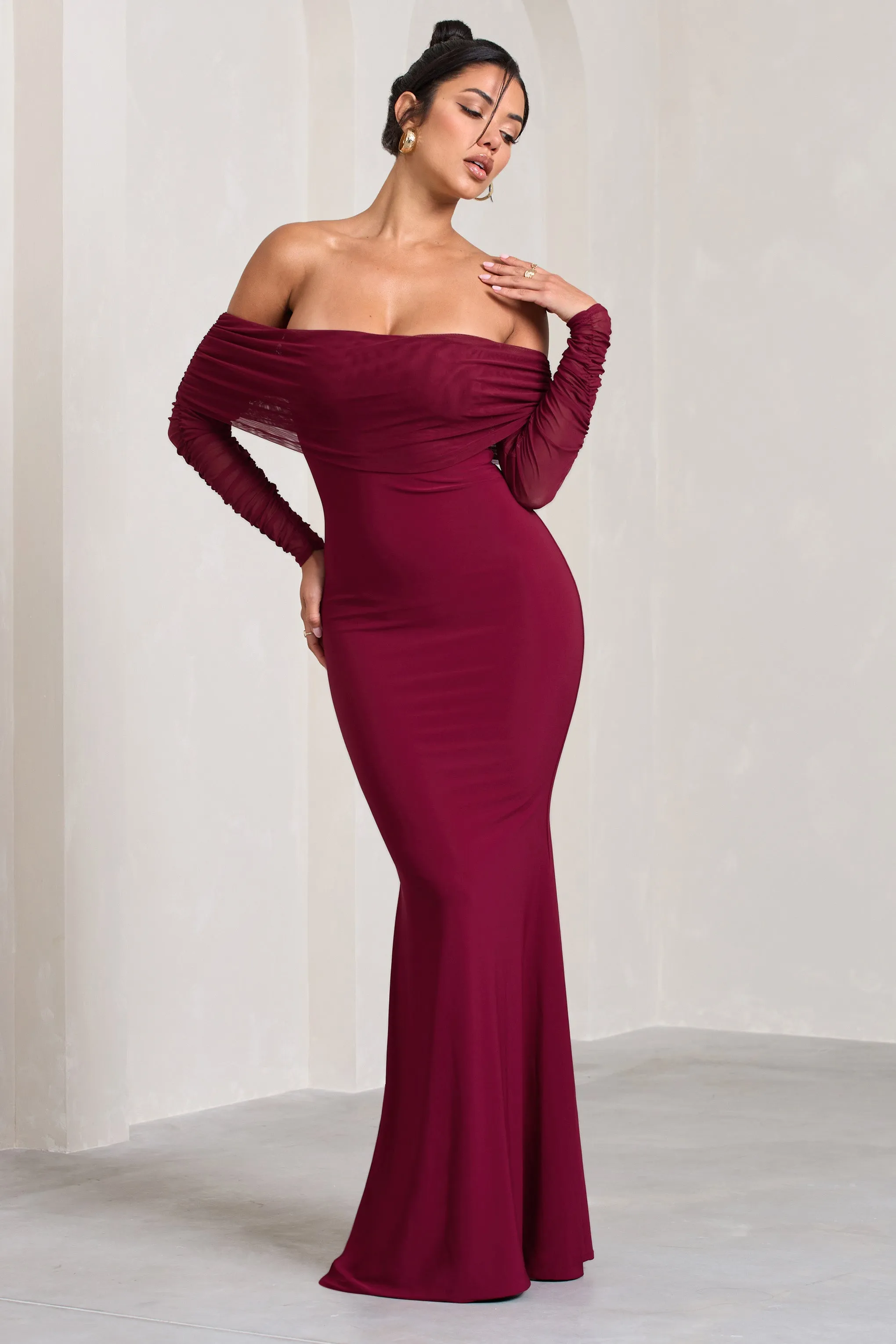 Madeleine Berry Fishtail Maxi Dress With Bardot Mesh Long