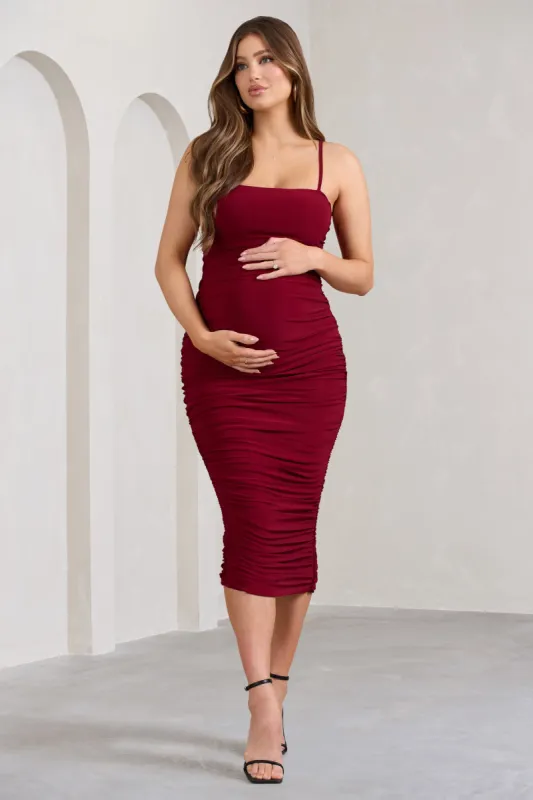 Sentimental | Wine Red Maternity Midi Dress with Cami Straps and Ruching sold by Club L London
