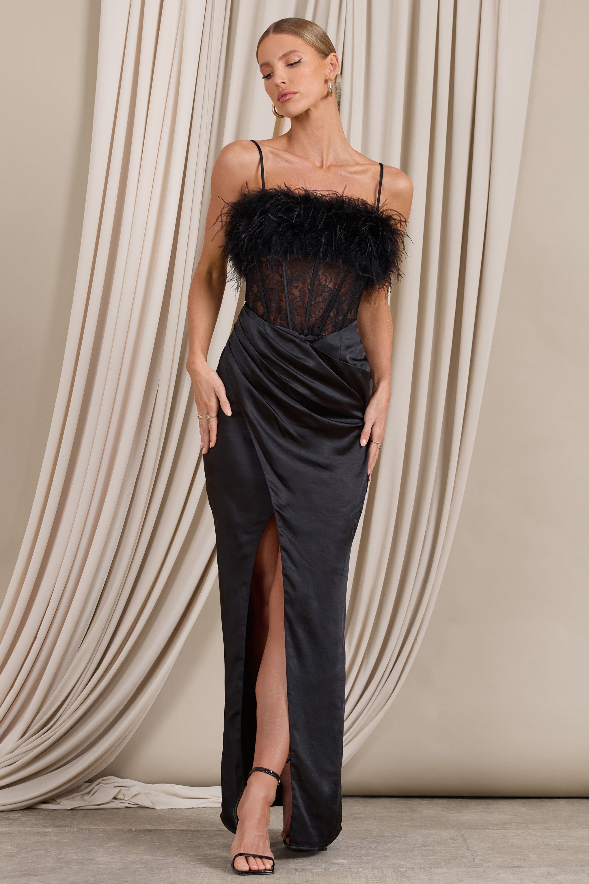 Countess | Black Lace Corset Maxi Dress With Feather Trim sold by Club L London product image thumbnail 4