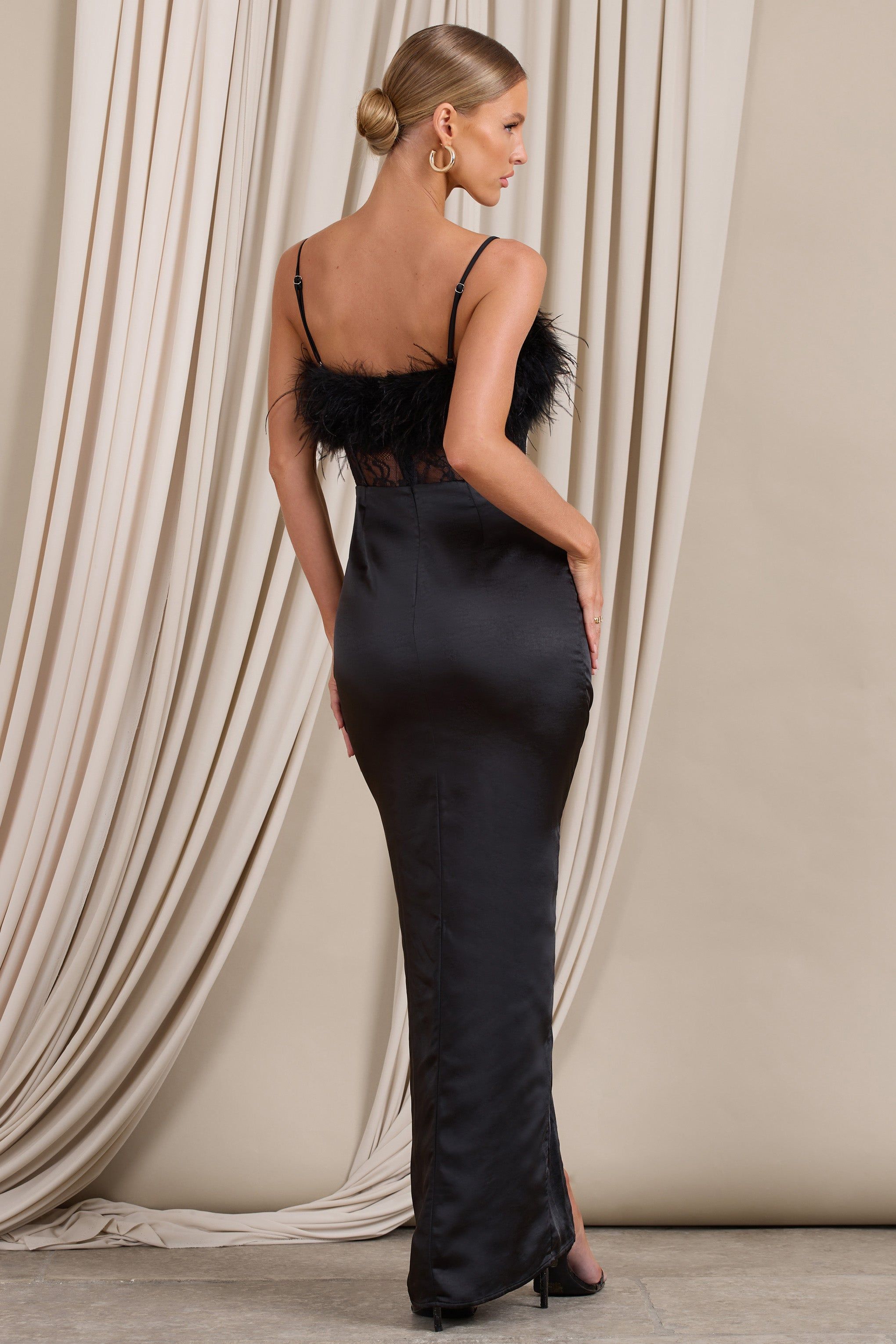 Countess | Black Lace Corset Maxi Dress With Feather Trim sold by Club L London product image thumbnail 2