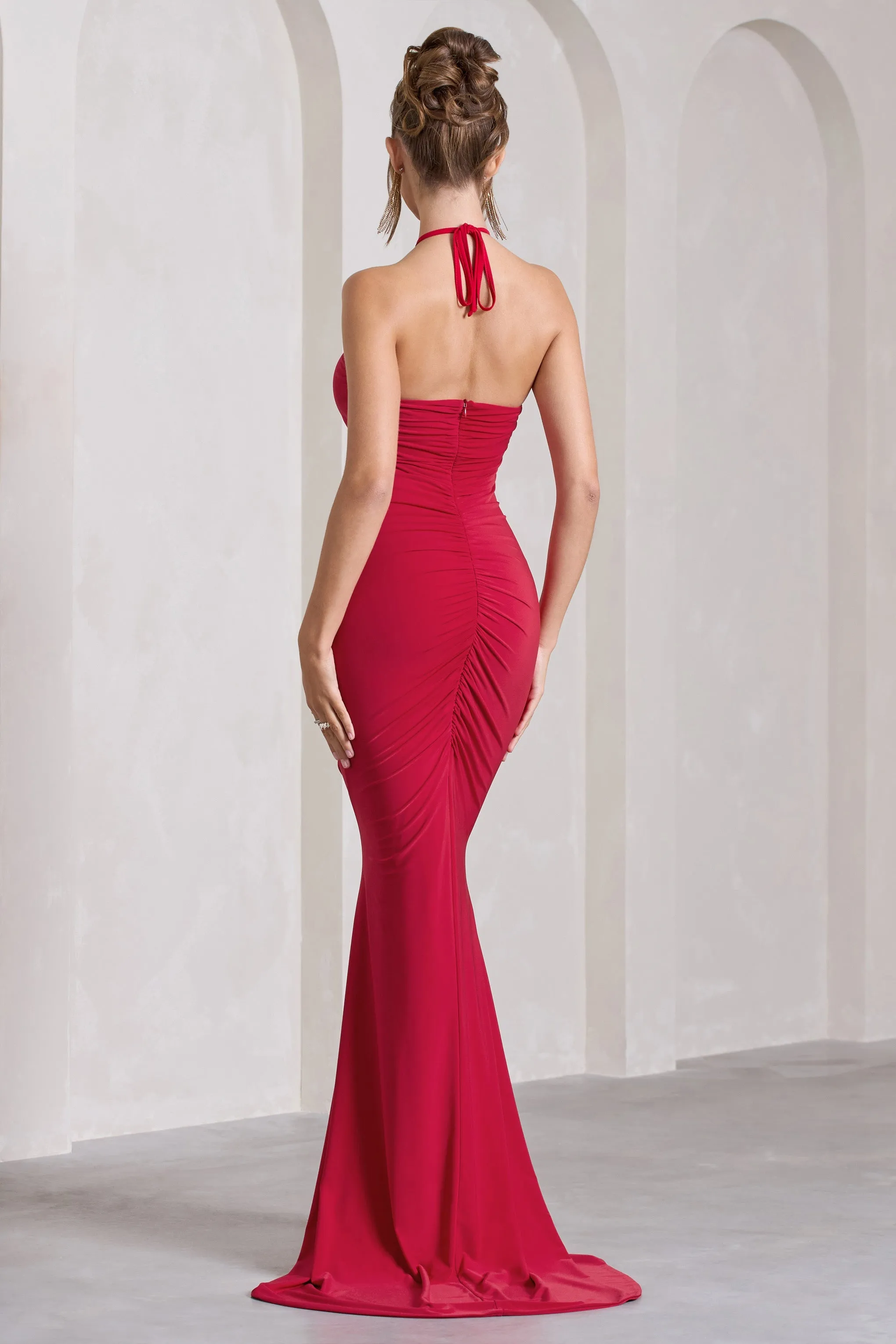 Holly | Red Ruched Halter-Neck Split Fishtail Maxi Dress sold by Club L London product image thumbnail 2