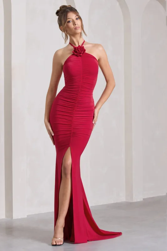 Holly | Red Ruched Halter-Neck Split Fishtail Maxi Dress sold by Club L London