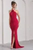 Holly | Red Ruched Halter-Neck Split Fishtail Maxi Dress sold by Club L London
