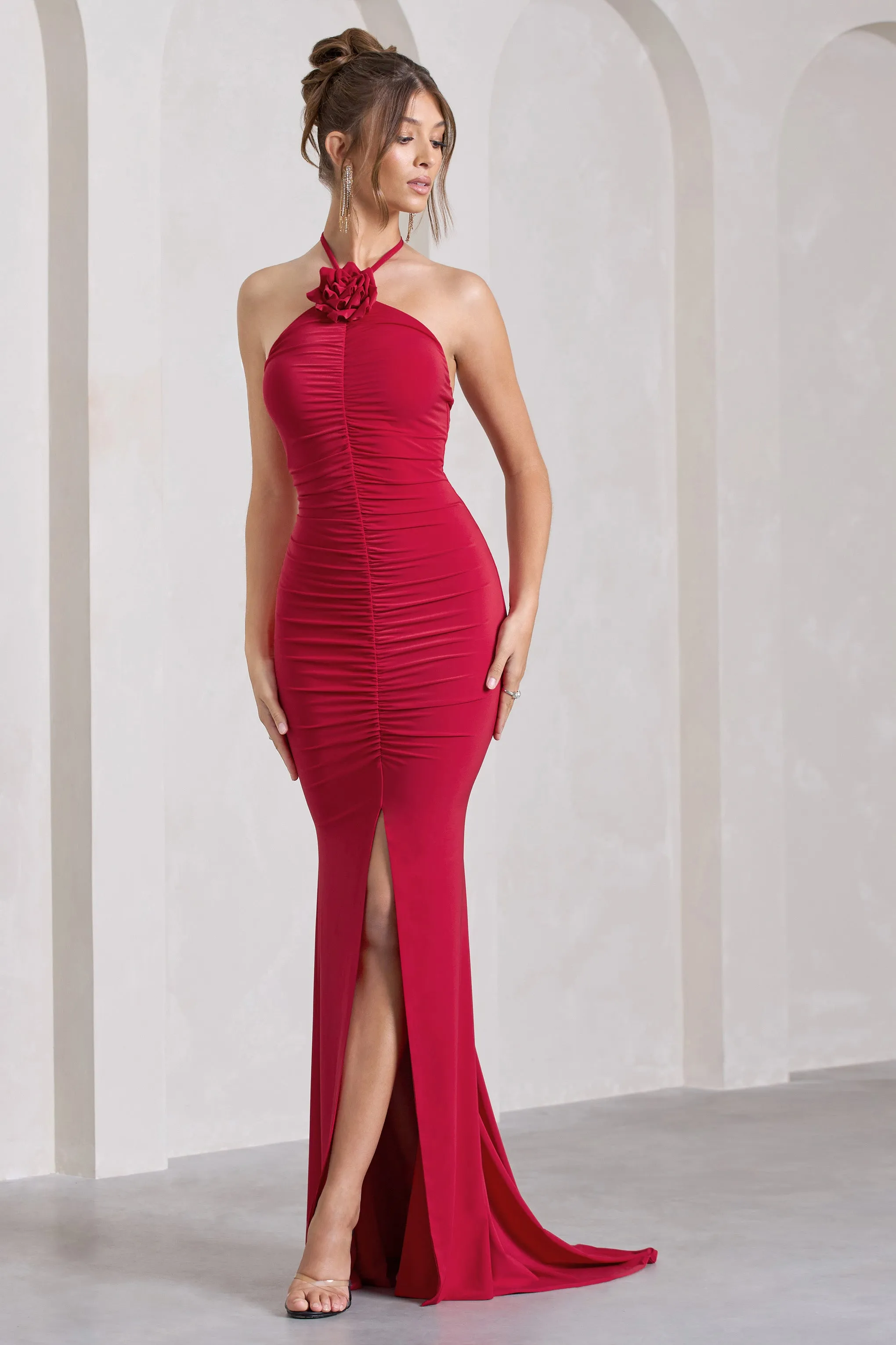 Holly | Red Ruched Halter-Neck Split Fishtail Maxi Dress sold by Club L London product image thumbnail 4