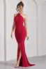 Holly | Red Ruched Halter-Neck Split Fishtail Maxi Dress sold by Club L London