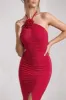 Holly | Red Ruched Halter-Neck Split Fishtail Maxi Dress sold by Club L London
