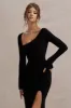 Cosmos | Black Asymmetric Long-Sleeve Split Maxi Dress sold by Club L London