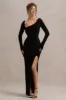 Cosmos | Black Asymmetric Long-Sleeve Split Maxi Dress sold by Club L London