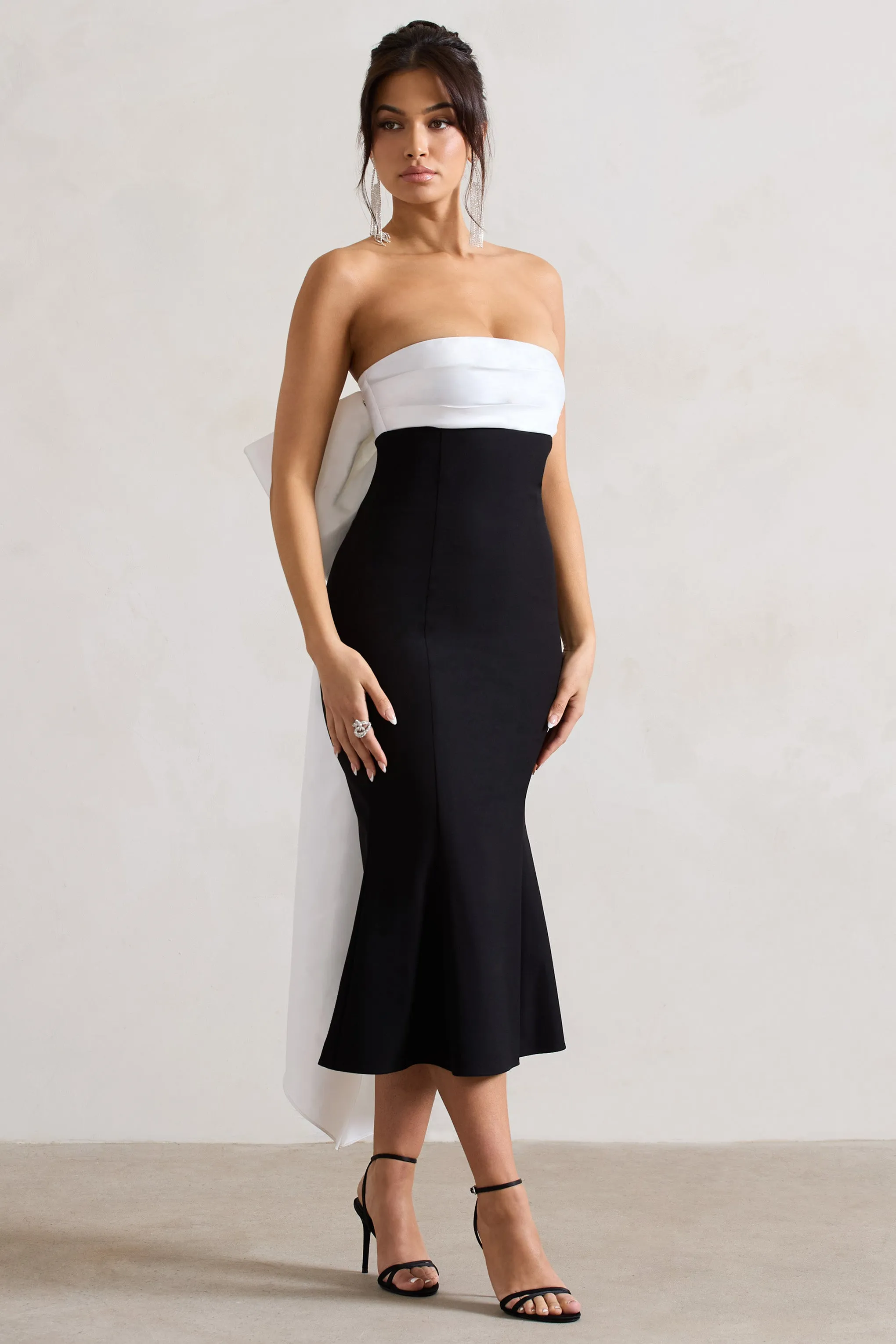 Wishlist | Black Bandeau Midi Dress With Oversized White Bow sold by Club L London