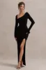 Cosmos | Black Asymmetric Long-Sleeve Split Maxi Dress sold by Club L London