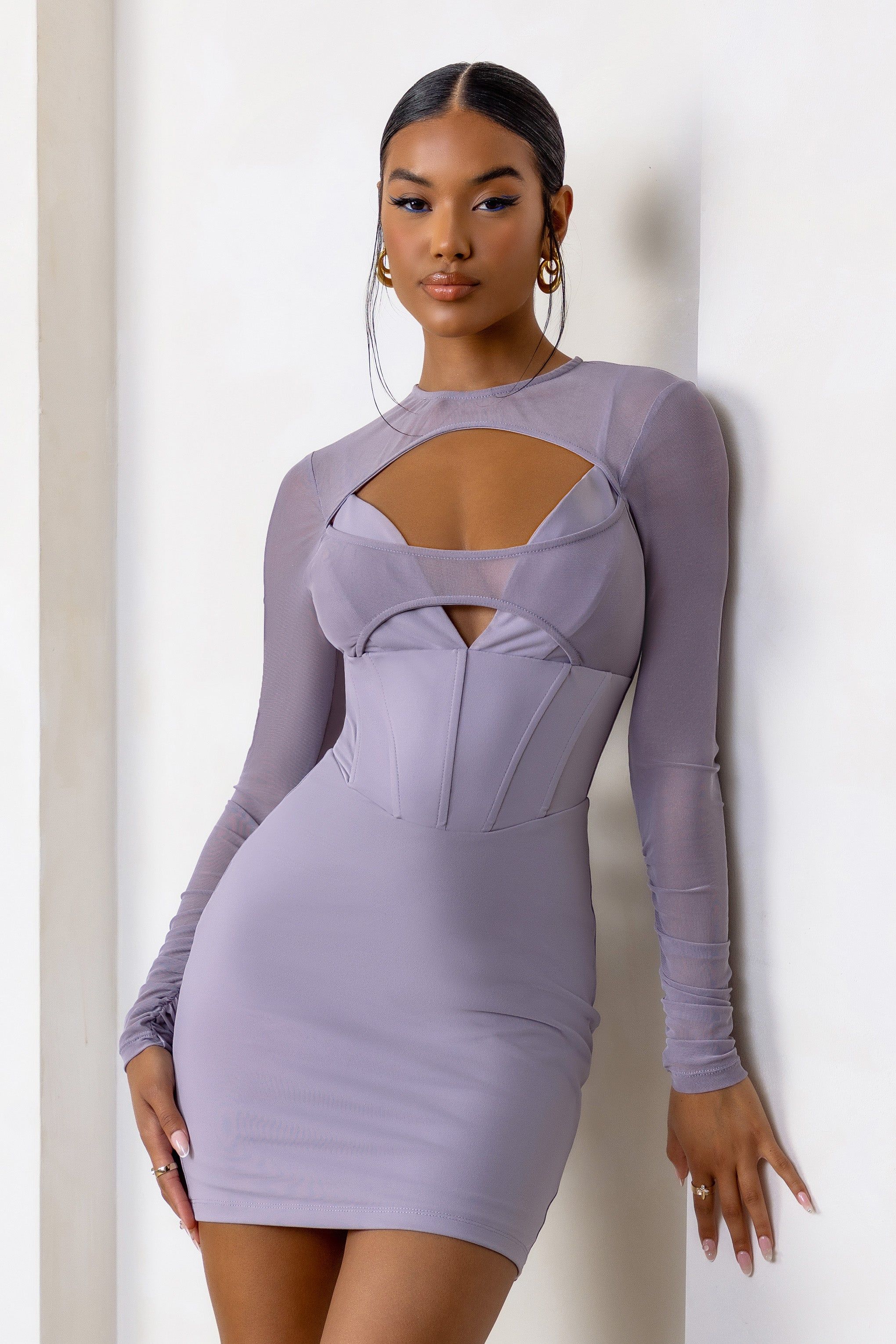 This Moment | Taupe High Neck Cut Out Mini Dress With Mesh Sleeves sold by Club L London product image thumbnail 4