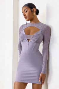 This Moment | Taupe High Neck Cut Out Mini Dress With Mesh Sleeves sold by Club L London