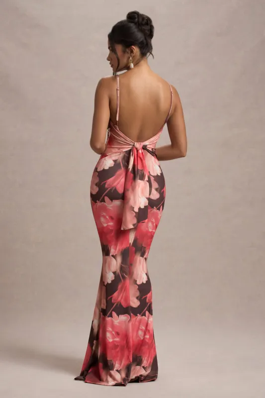 Kelila | Red Floral Print Strappy Open-Back Split Maxi Dress sold by Club L London
