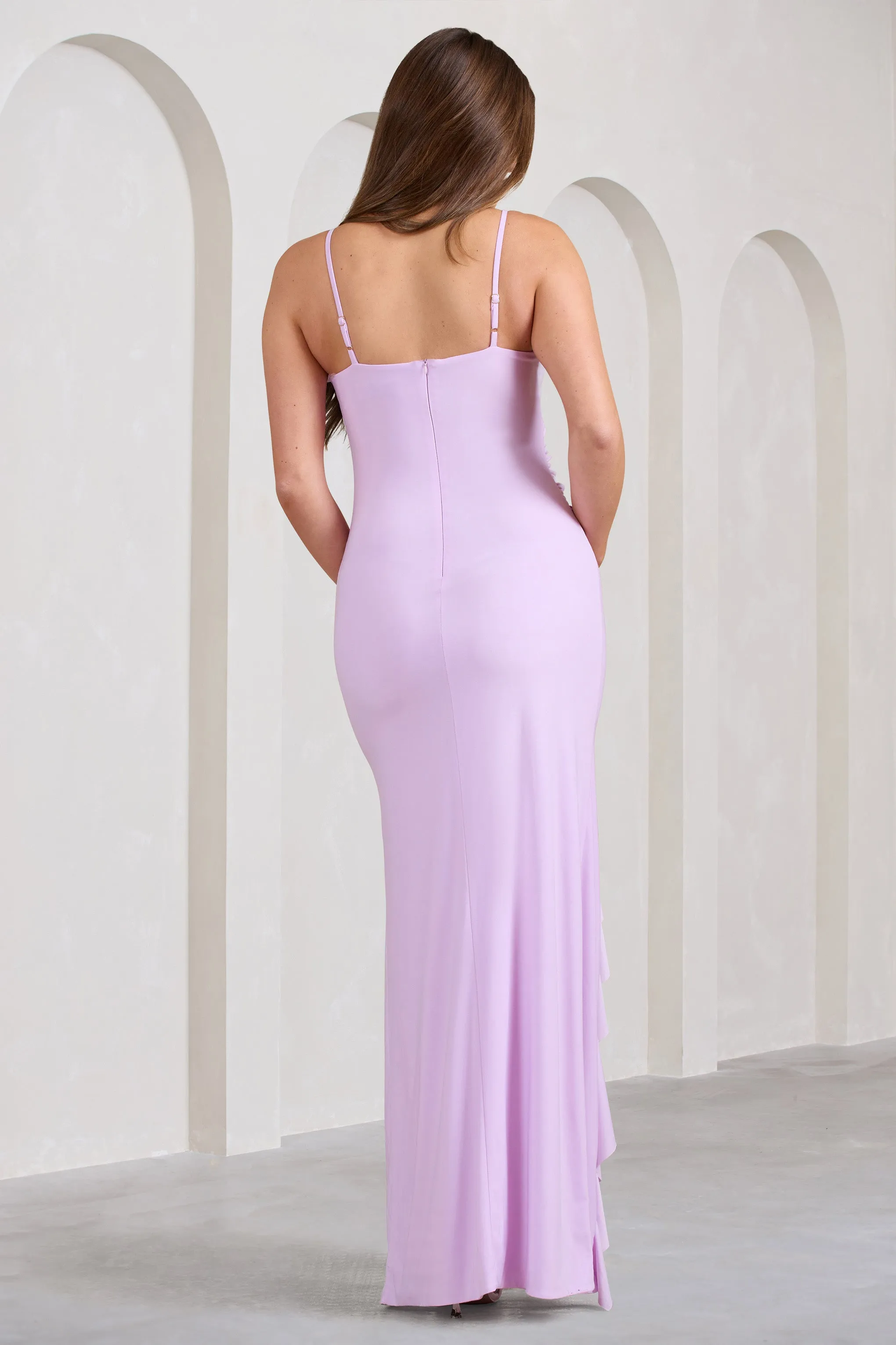 Susan | Lilac Maternity Bandeau Ruffle Maxi Dress With Thigh Splits sold by Club L London product image thumbnail 2