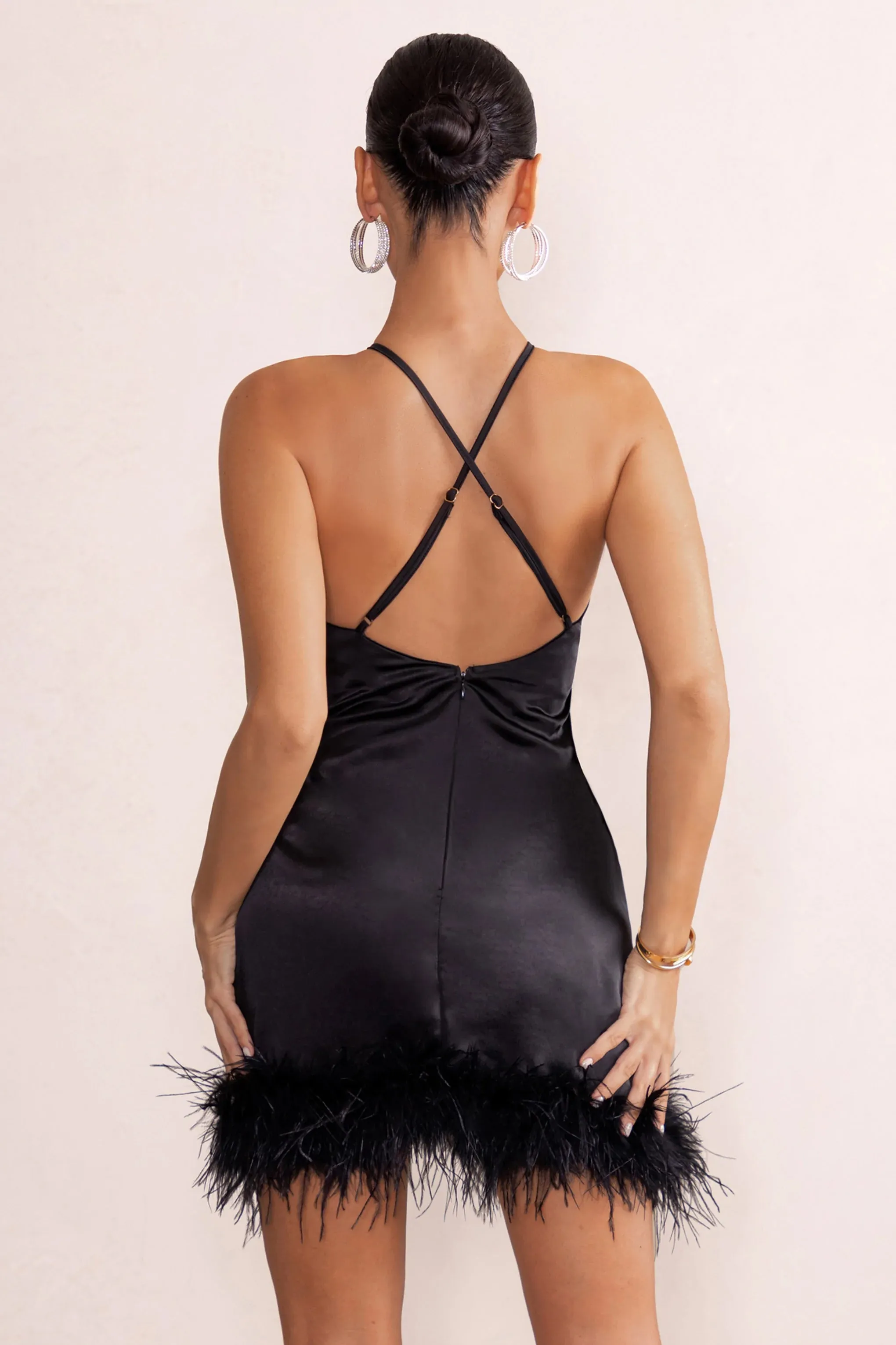 Members Only | Black Satin Feather Trim Mini Dress sold by Club L London product image thumbnail 2