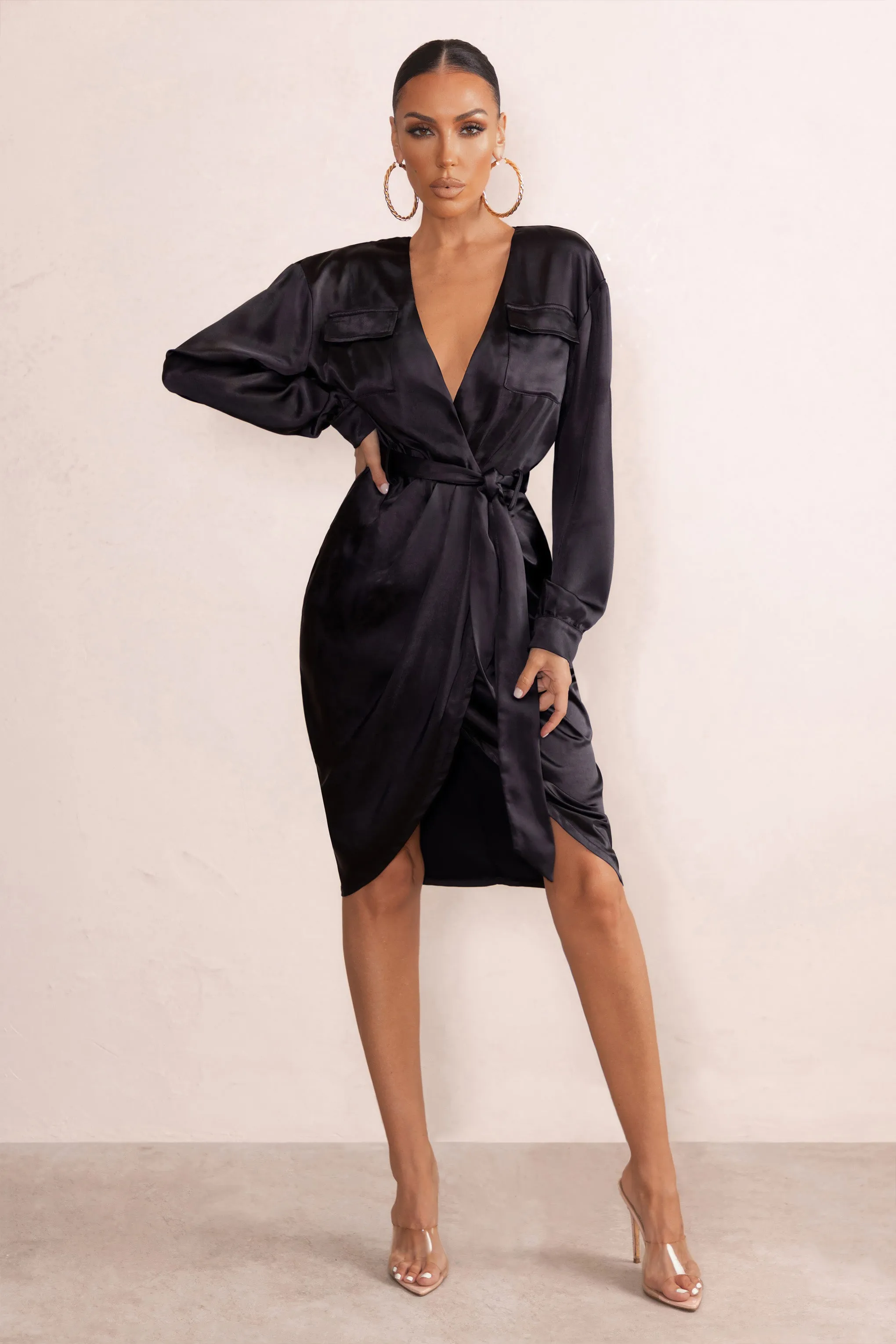 True Romance | Black Satin Plunge Neck Midi Dress With Belt Detail sold by Club L London product image thumbnail 3