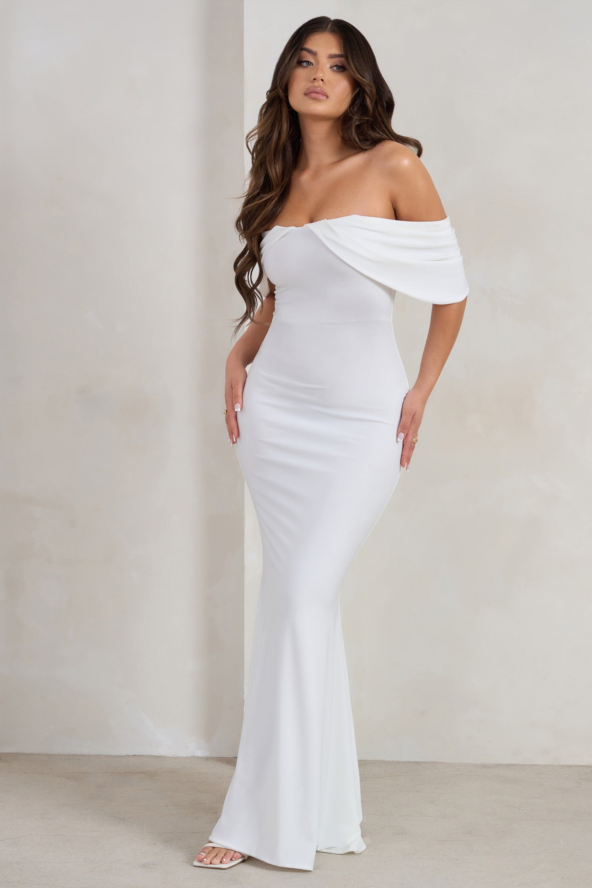 Gabrielle | White Bardot Neckline With Drape Sleeves Maxi Dress sold by Club L London