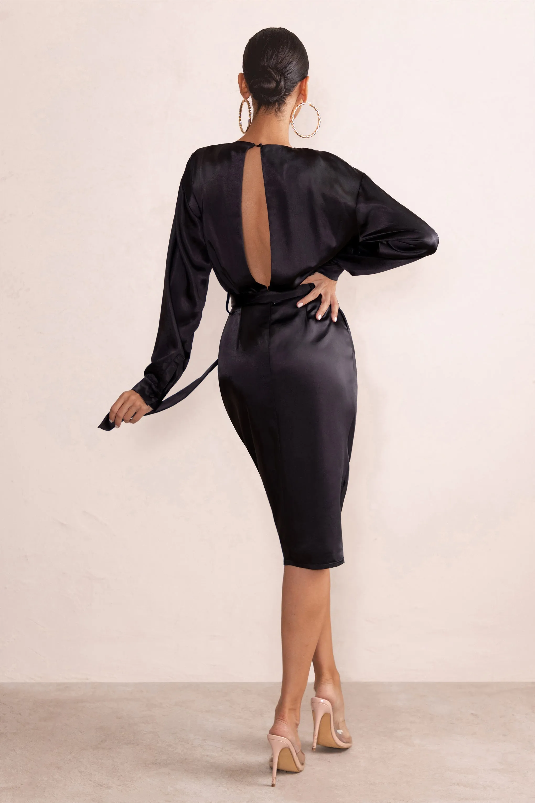 True Romance | Black Satin Plunge Neck Midi Dress With Belt Detail sold by Club L London product image thumbnail 4
