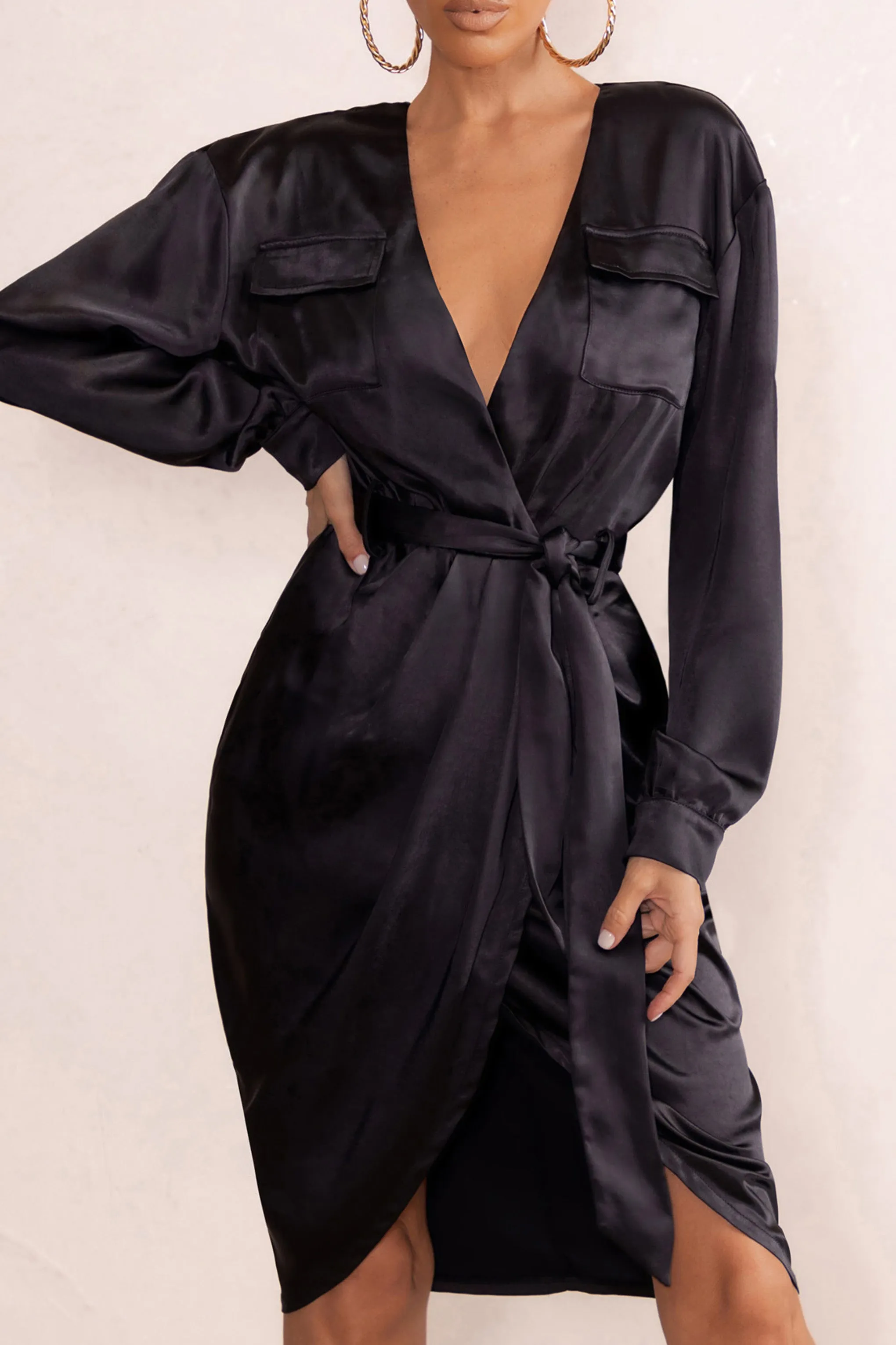 True Romance | Black Satin Plunge Neck Midi Dress With Belt Detail sold by Club L London product image thumbnail 2