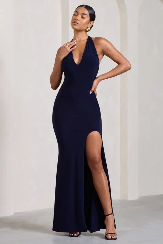 Glamour | Navy Backless V Plunge Halter Neck Maxi Dress With Side Split sold by Club L London