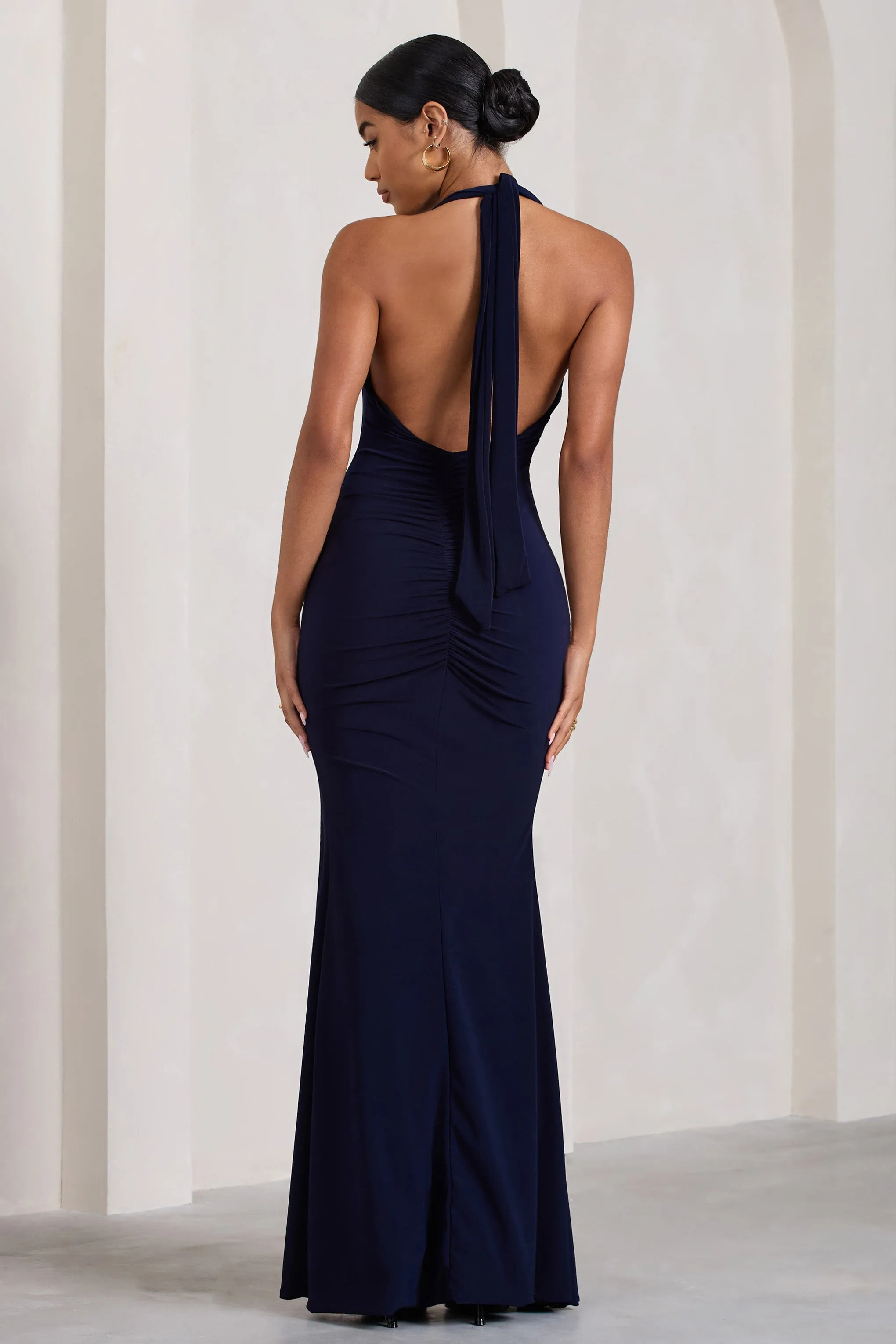 Glamour | Navy Backless V Plunge Halter Neck Maxi Dress With Side Split sold by Club L London product image thumbnail 2