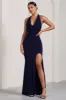 Glamour | Navy Backless V Plunge Halter Neck Maxi Dress With Side Split sold by Club L London