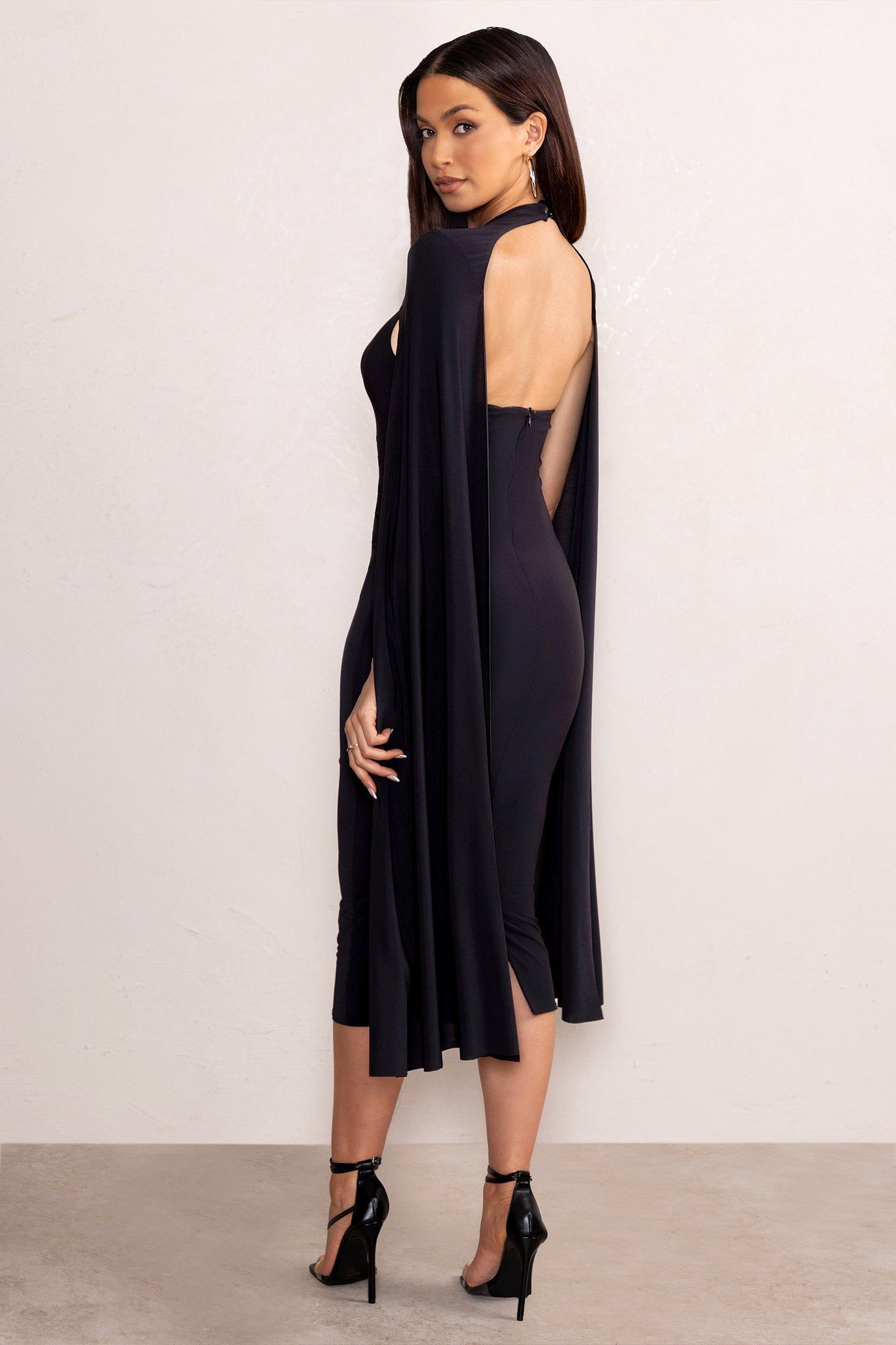 Myla | Black V-Neck Ruched Midi Dress with Cape Overlay sold by Club L London product image thumbnail 2