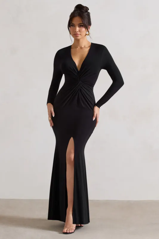 Tianna | Black Plunge-Neck Twisted Split Maxi Dress sold by Club L London