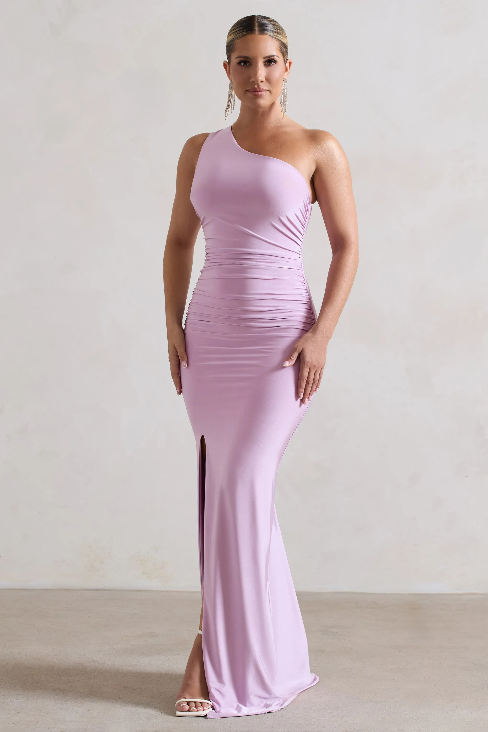 Ethereal | Lilac One Shoulder Ruched Split Maxi Dress sold by Club L London product image thumbnail 5