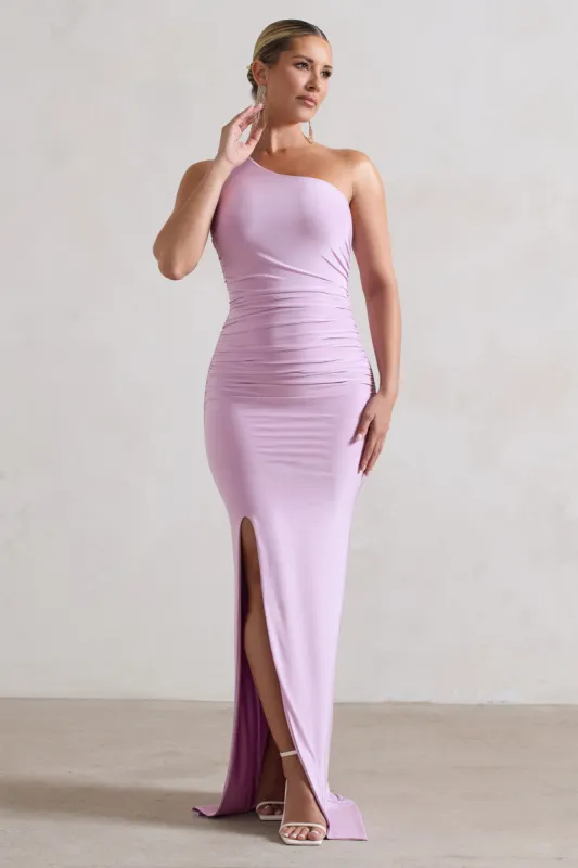 soulina ruched maxi dress purple Princess Polly Soulina Mesh Ruffle Edge Plunge Side Slit Maxi Dress in  Purple