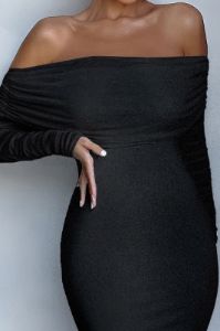 Hot Property | Black Ruched Mesh Bardot Midi Dress sold by Club L London
