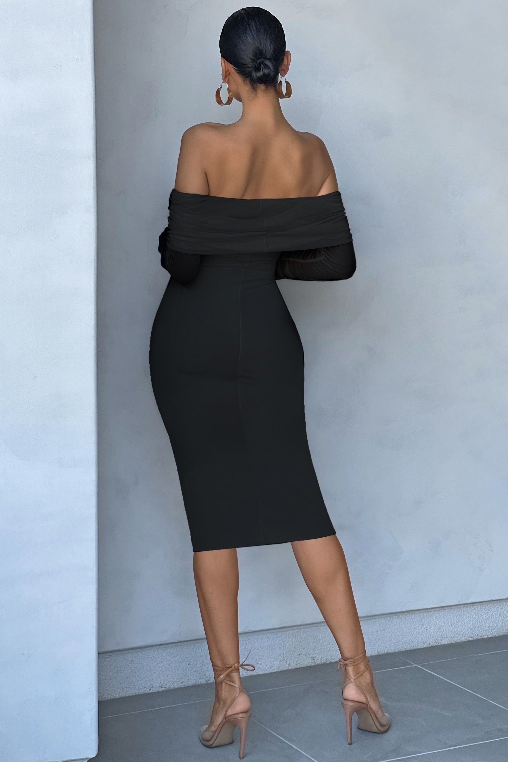 Hot Property | Black Ruched Mesh Bardot Midi Dress sold by Club L London product image thumbnail 2