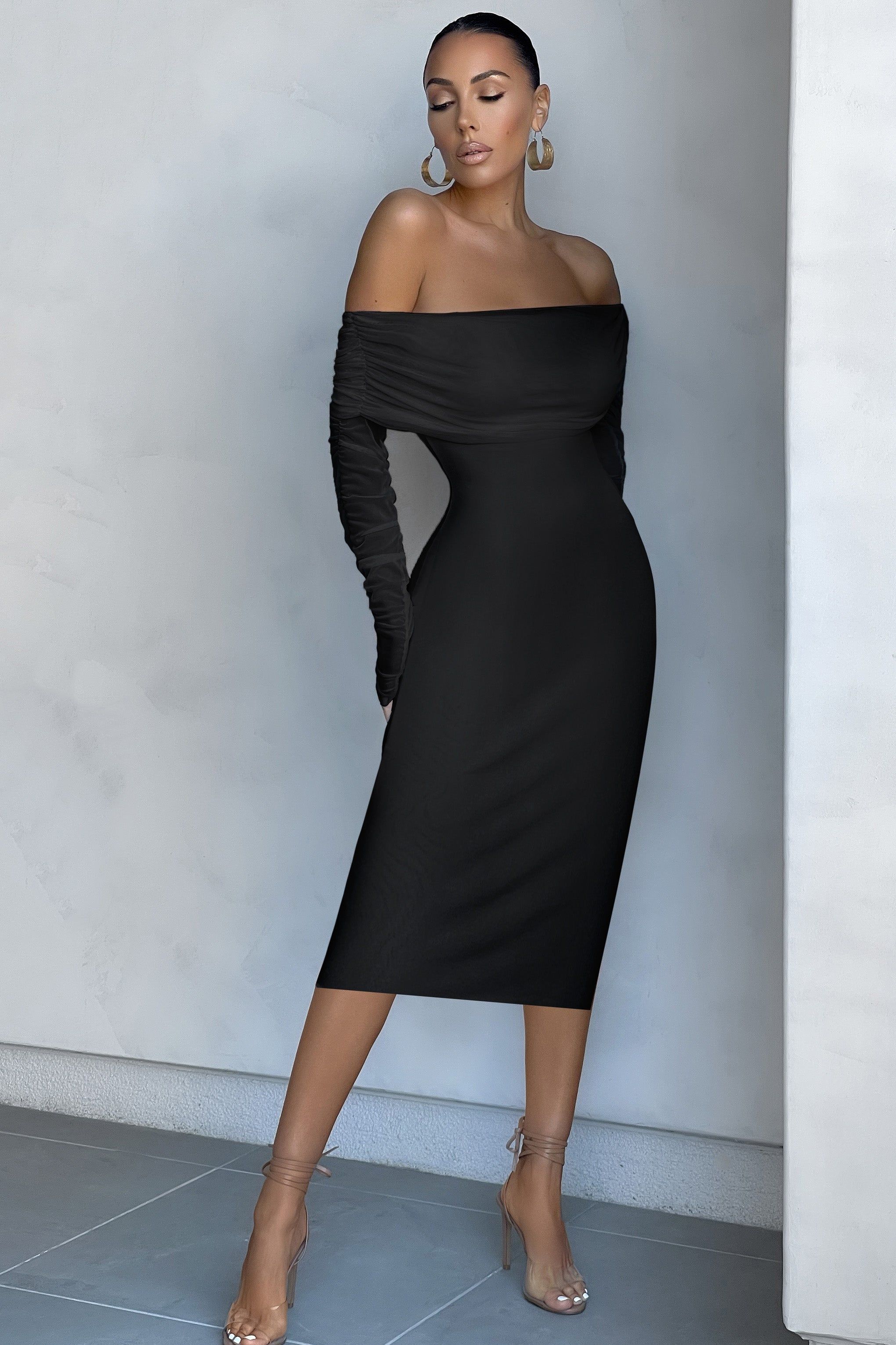 Hot Property | Black Ruched Mesh Bardot Midi Dress sold by Club L London