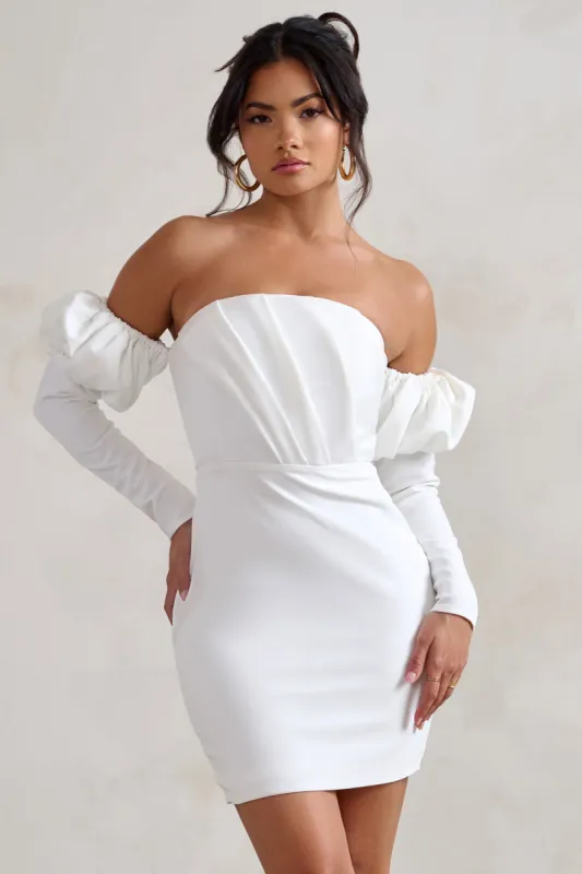 Laurie | White Bardot Puff Long Sleeve Mini Dress sold by Club L London