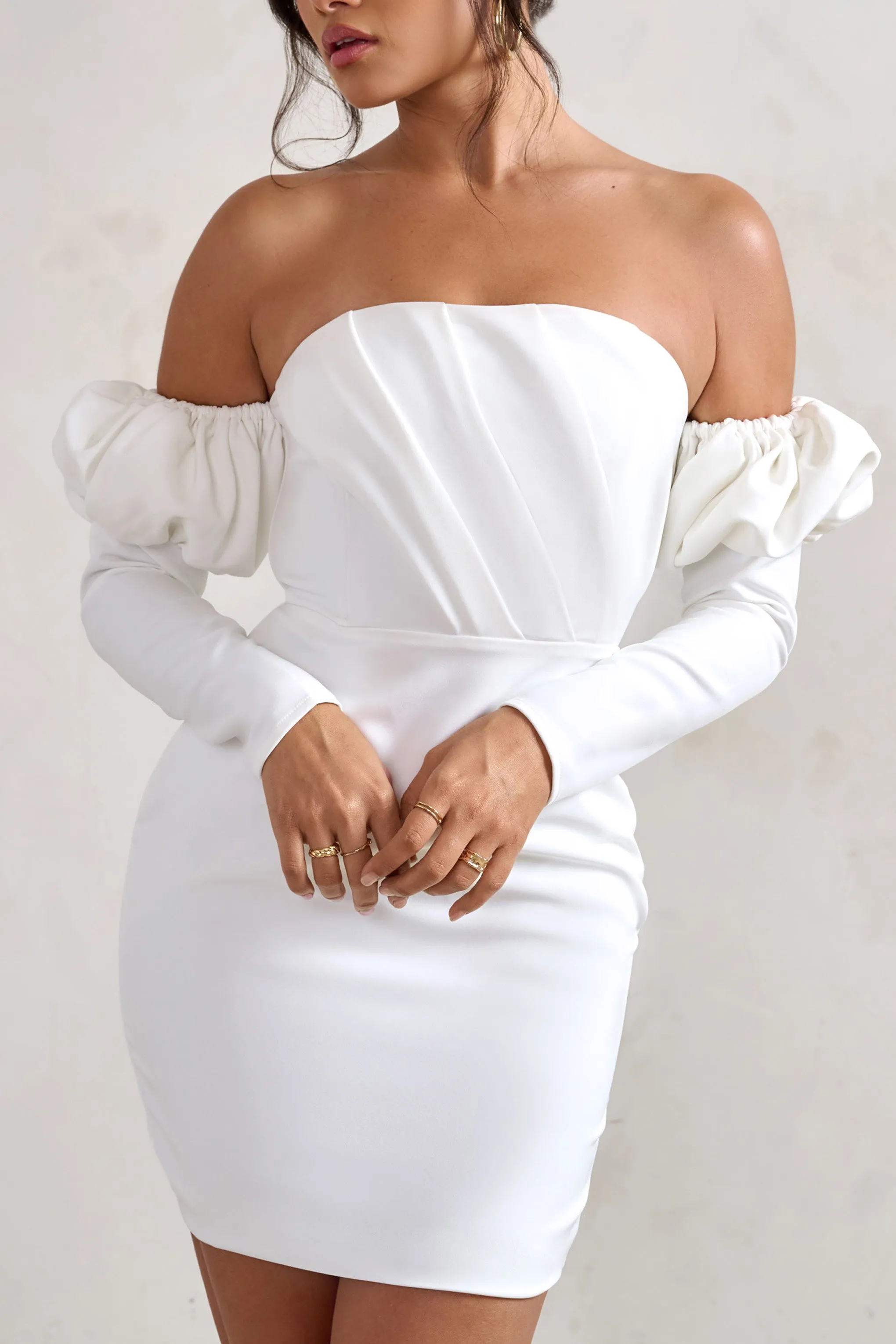 Laurie | White Bardot Puff Long Sleeve Mini Dress sold by Club L London product image thumbnail 3
