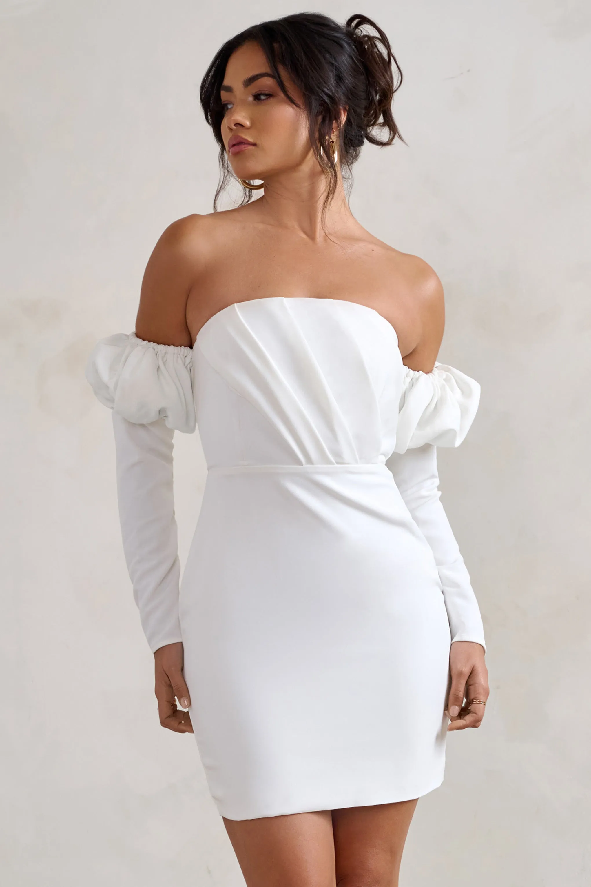 Laurie | White Bardot Puff Long Sleeve Mini Dress sold by Club L London product image thumbnail 4