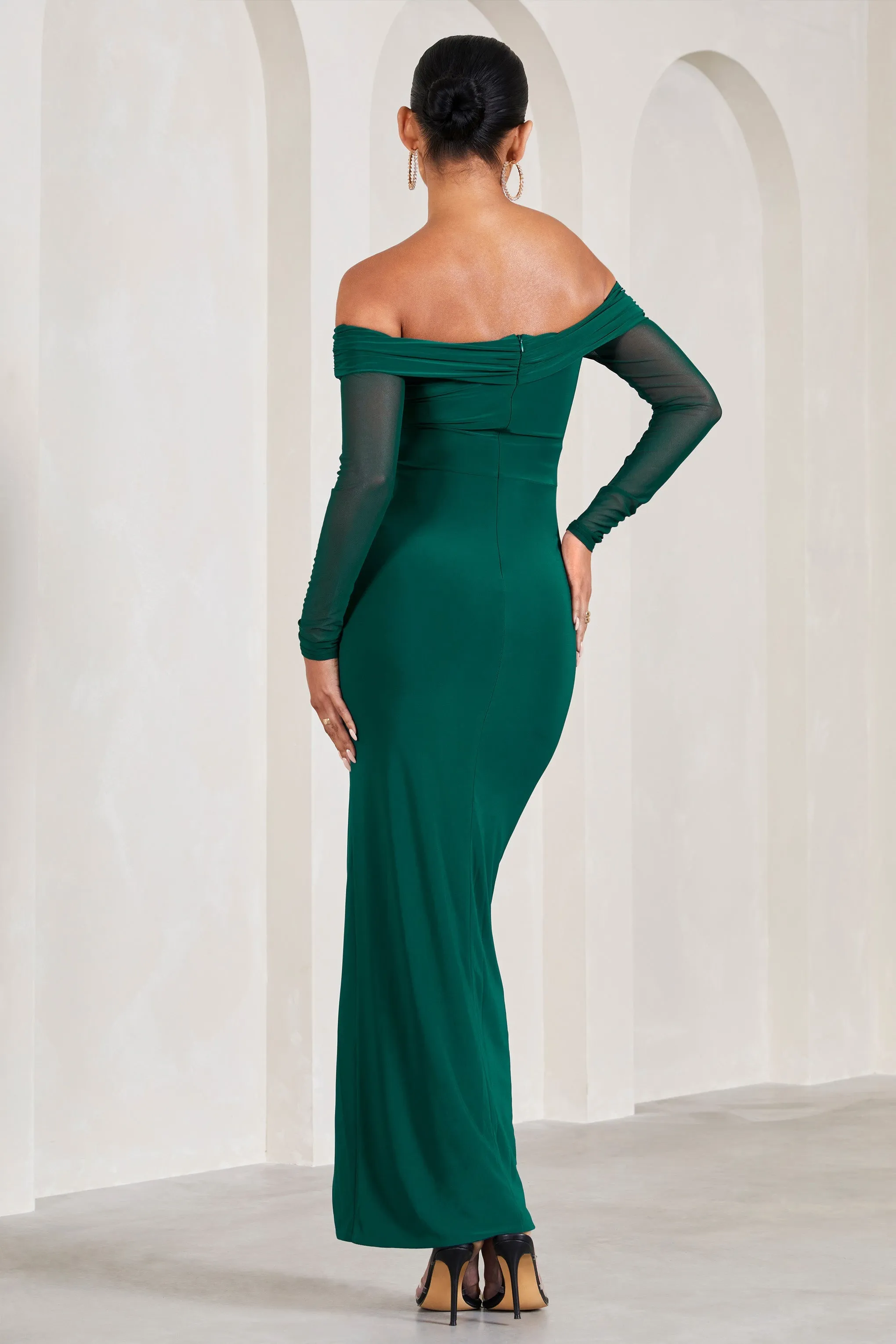 Elsie | Bottle Green Bardot Long-Sleeved Maternity Maxi Dress sold by Club L London product image thumbnail 3