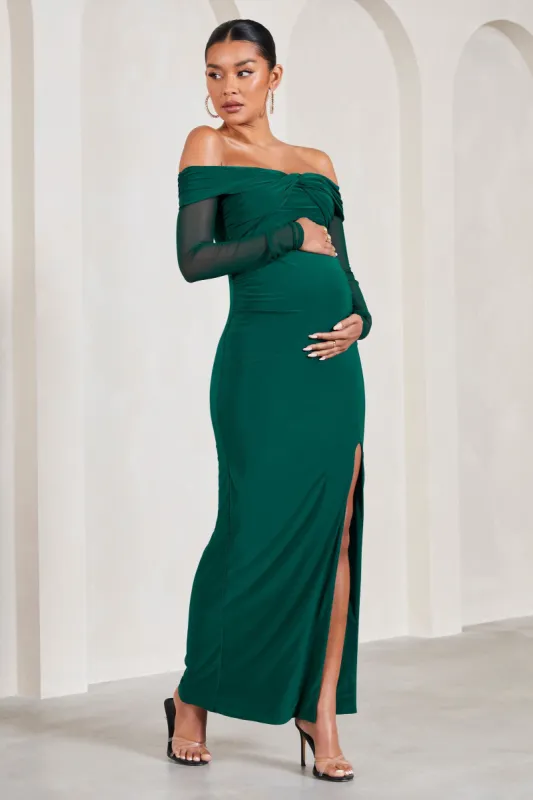 Elsie | Bottle Green Bardot Long-Sleeved Maternity Maxi Dress sold by Club L London