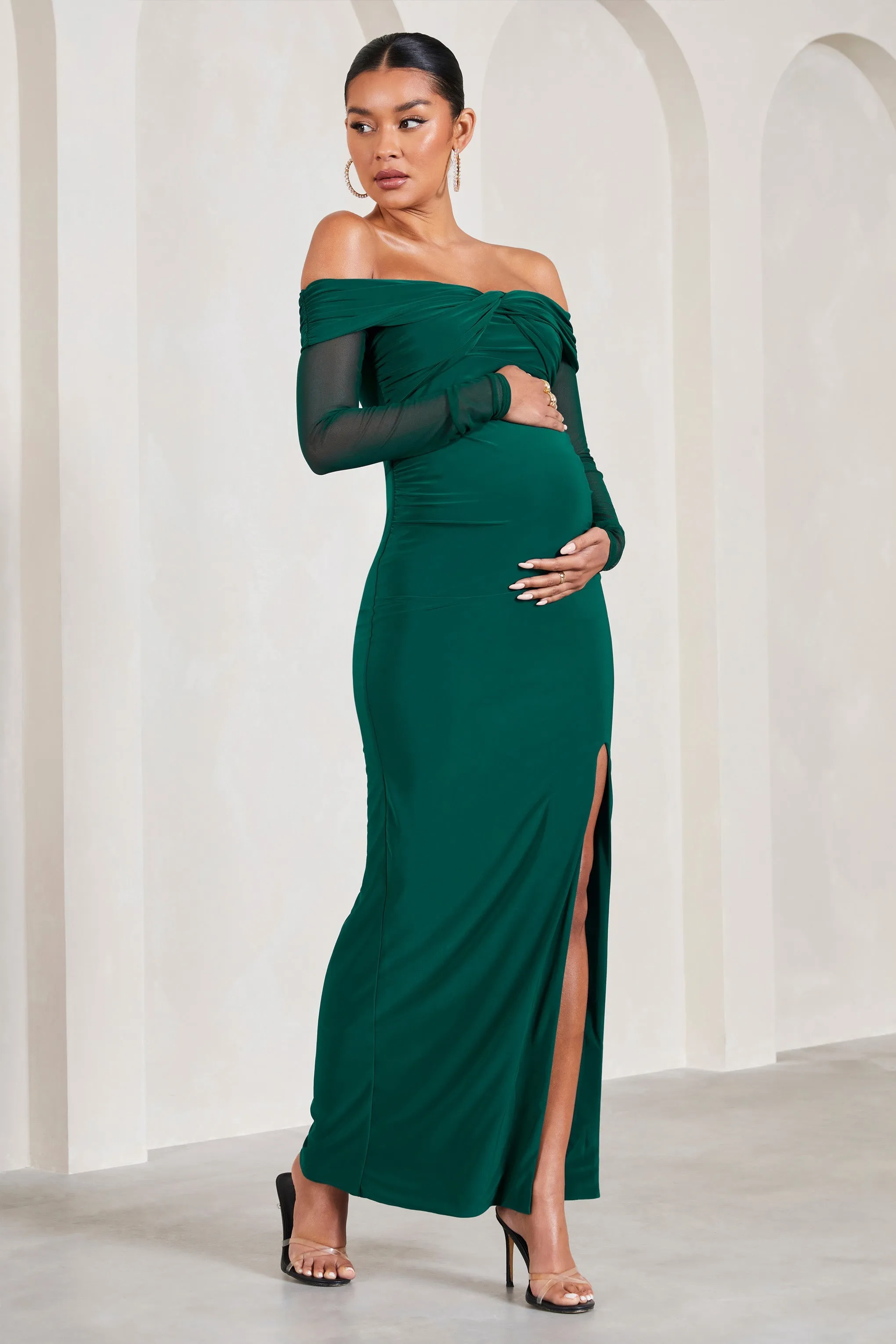 Elsie | Bottle Green Bardot Long-Sleeved Maternity Maxi Dress sold by Club L London
