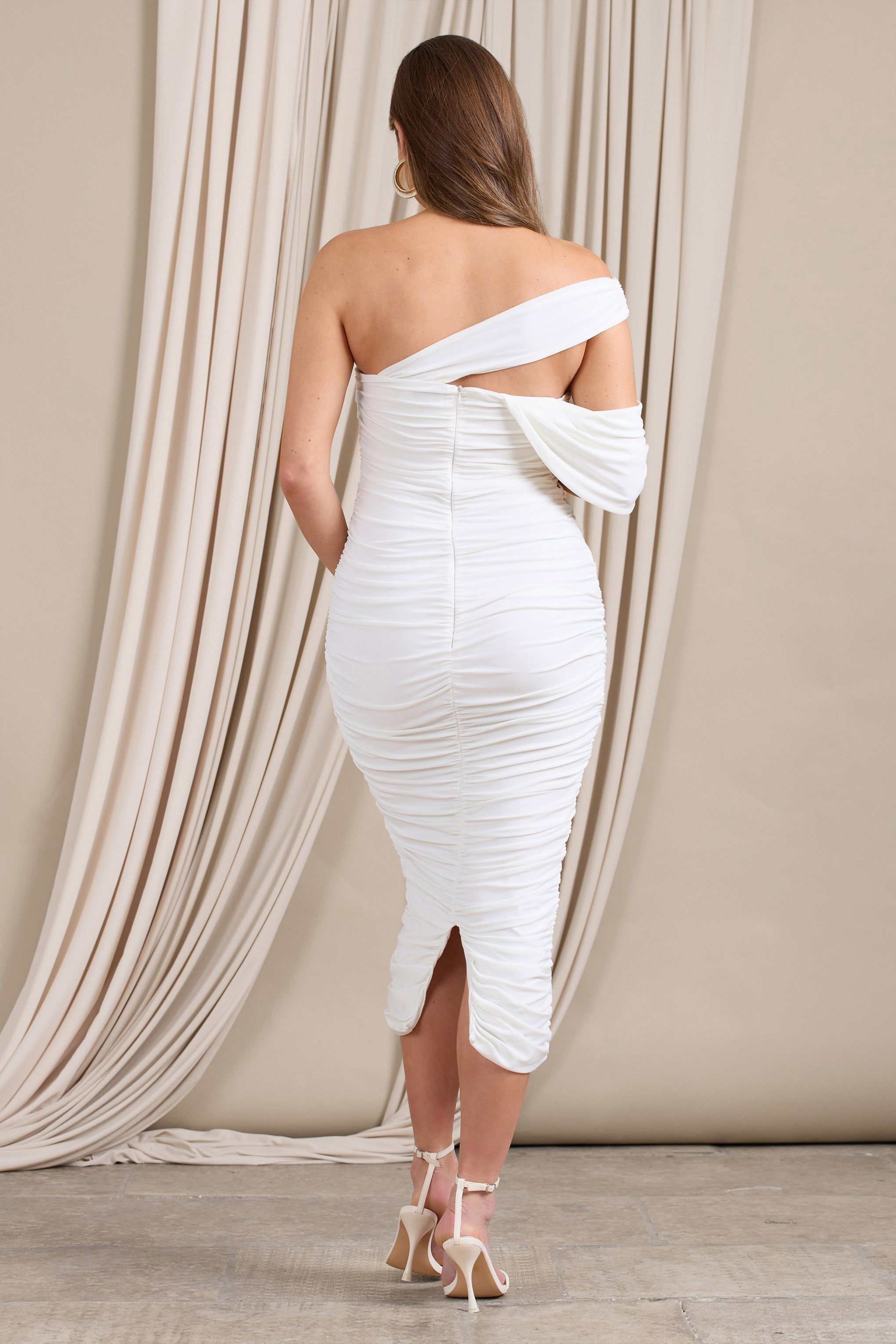 Cici | White Asymmetric Ruched Maternity Midi Dress sold by Club L London product image thumbnail 3